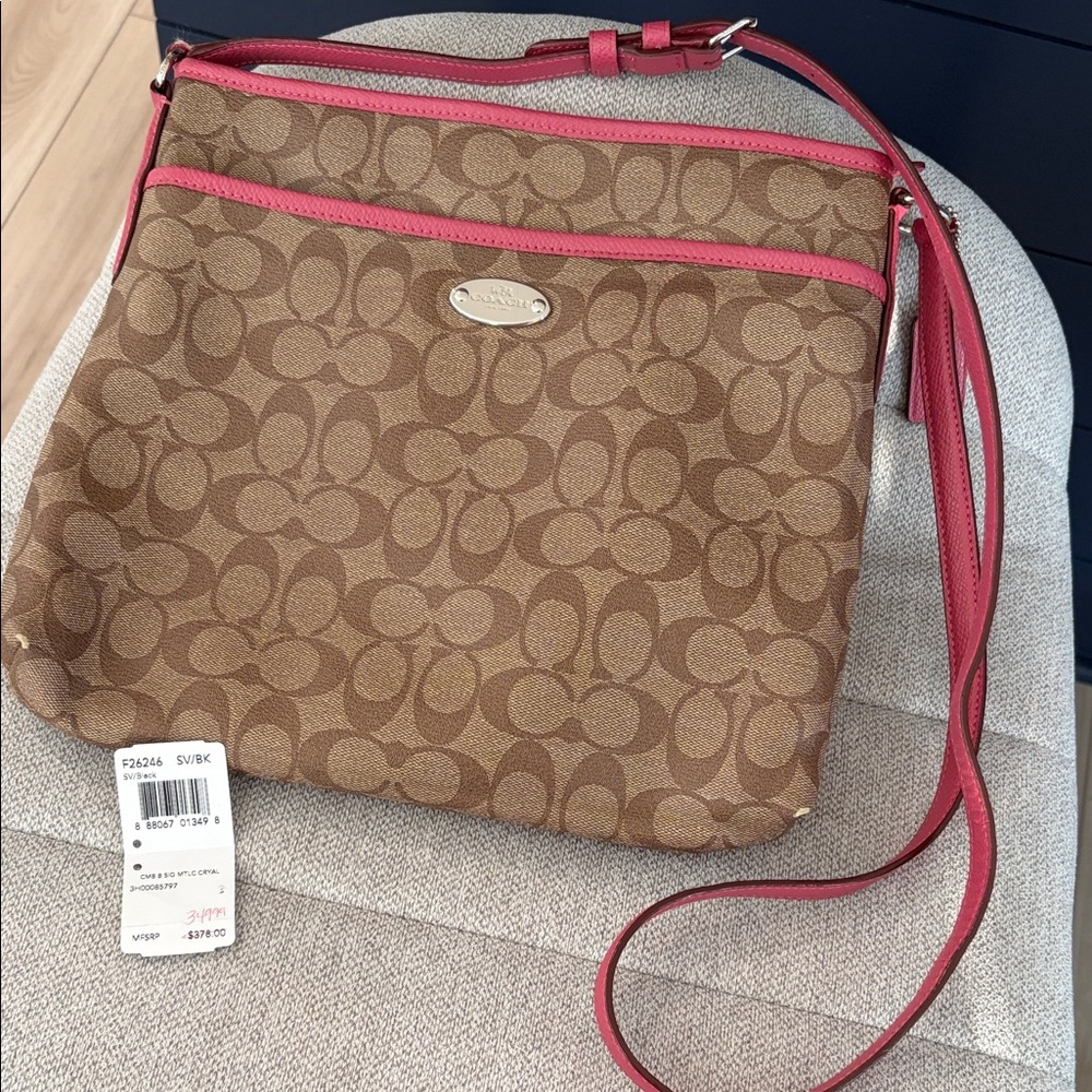 Coach Brown Signature Crossbody with Pink Trim